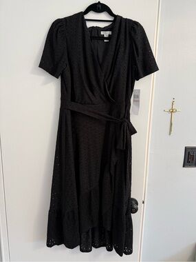 London Times Black Eyelet Midi Dress